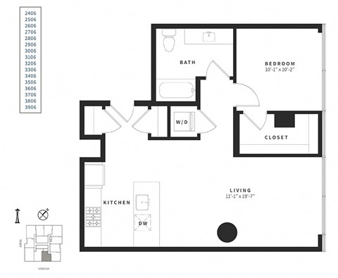 Floor plan for 1 bed, 1 bath, 752 sqft